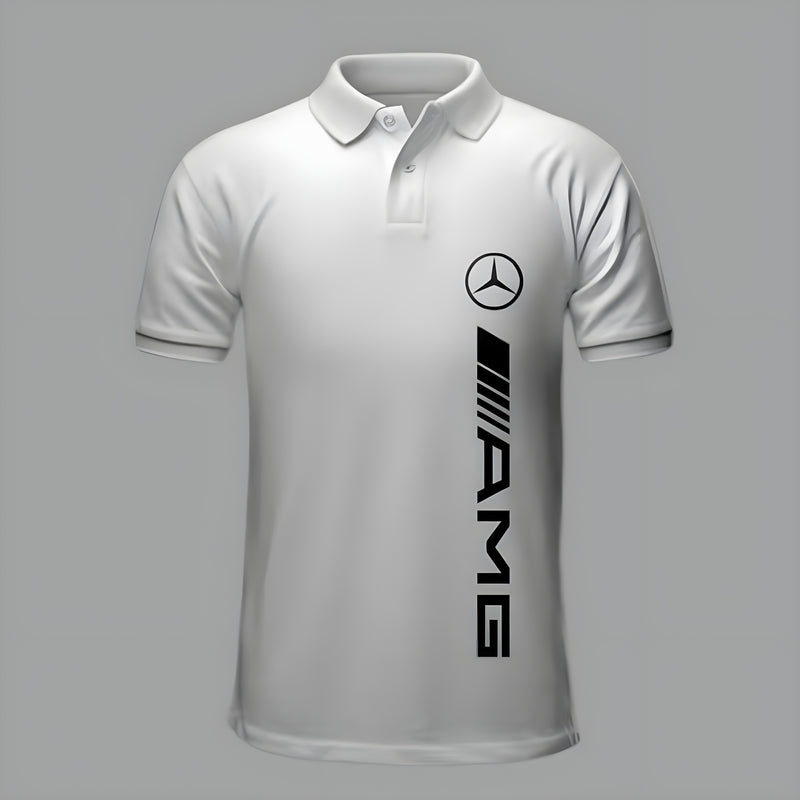 A black polo shirt with the Mercedes-Benz AMG logo on the sleeves and chest.