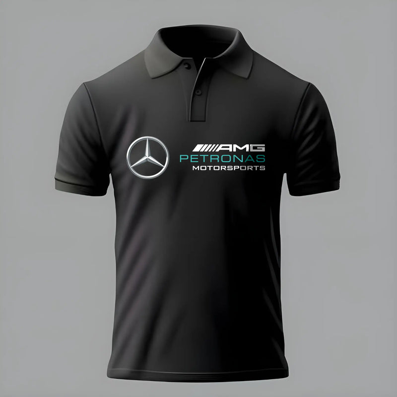 A black polo shirt with the Petron Motorsports logo printed on the front.