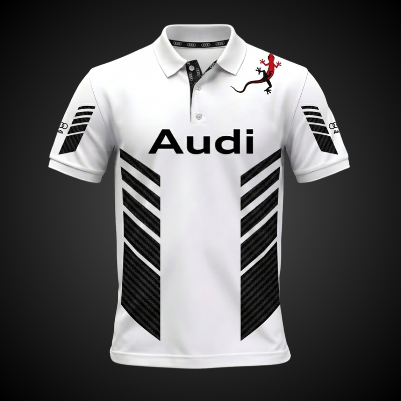 White polo shirt with logo and black stripes on a dark background